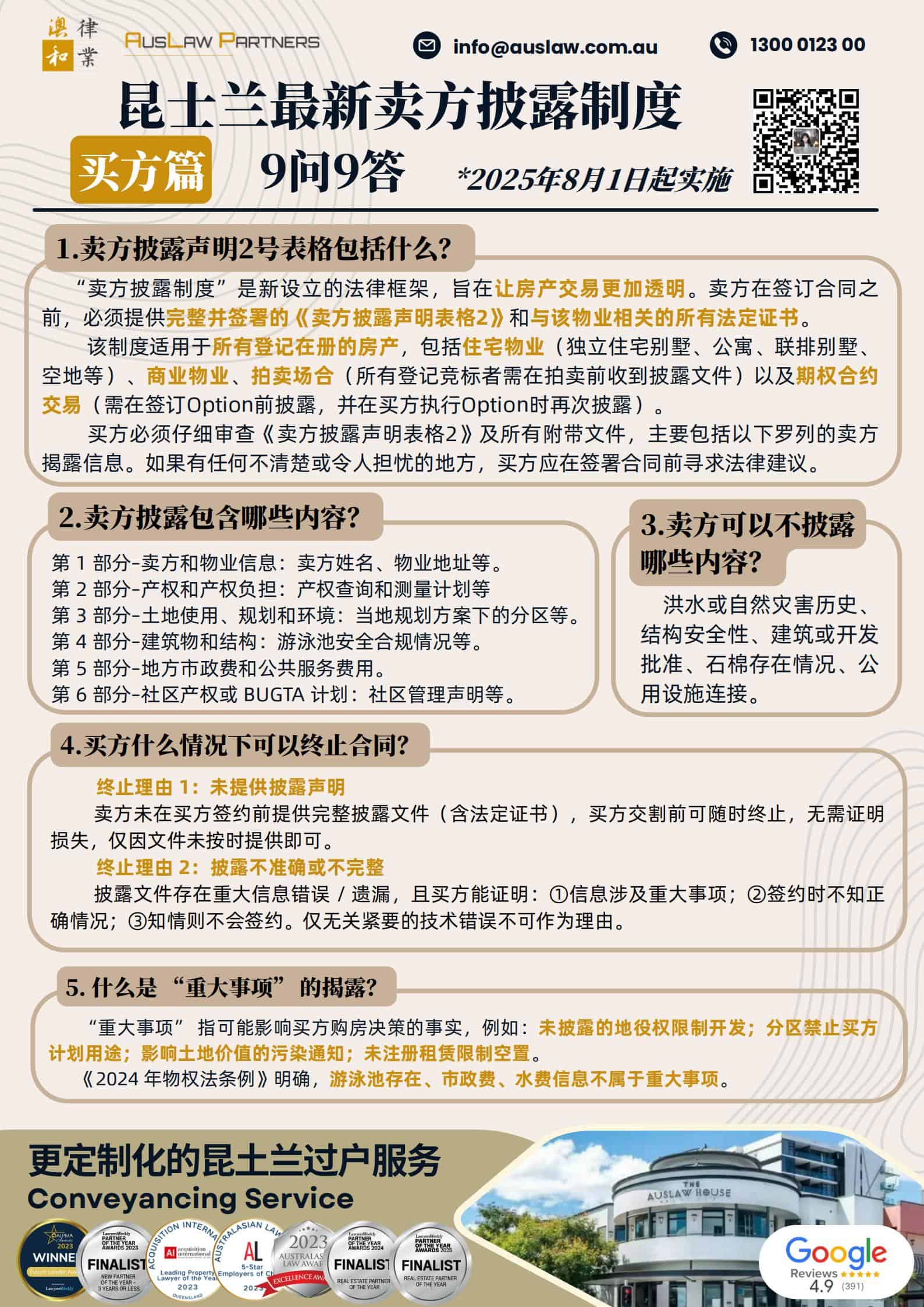 (中文) （买家篇：附中英对照表格）昆士兰州房产出售25年8月新规：卖方披露制度